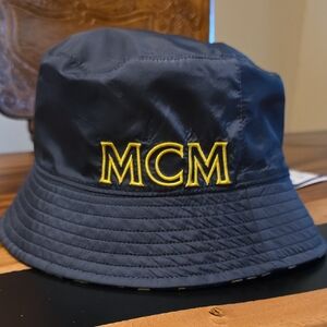 MCM Dark Blue Bucket Hat with Yellow Embroidery